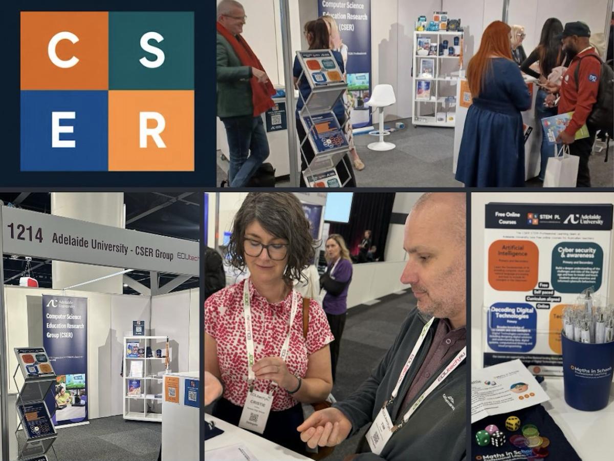 Teachers interacting with staff at booth, flyer and merch